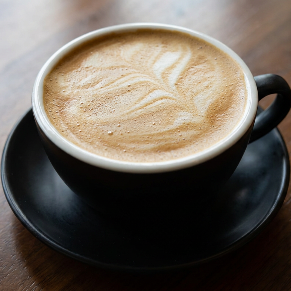 Foamy latte in a black cup and saucer on a wooden café table.