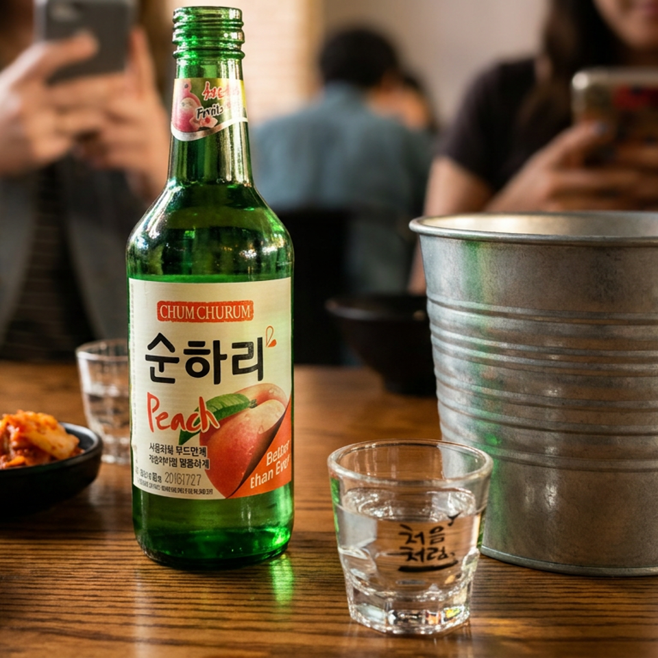 Peach-flavored Korean soju bottle, shot glass, metal ice bucket, and banchan dishes on a restaurant table with diners behind.