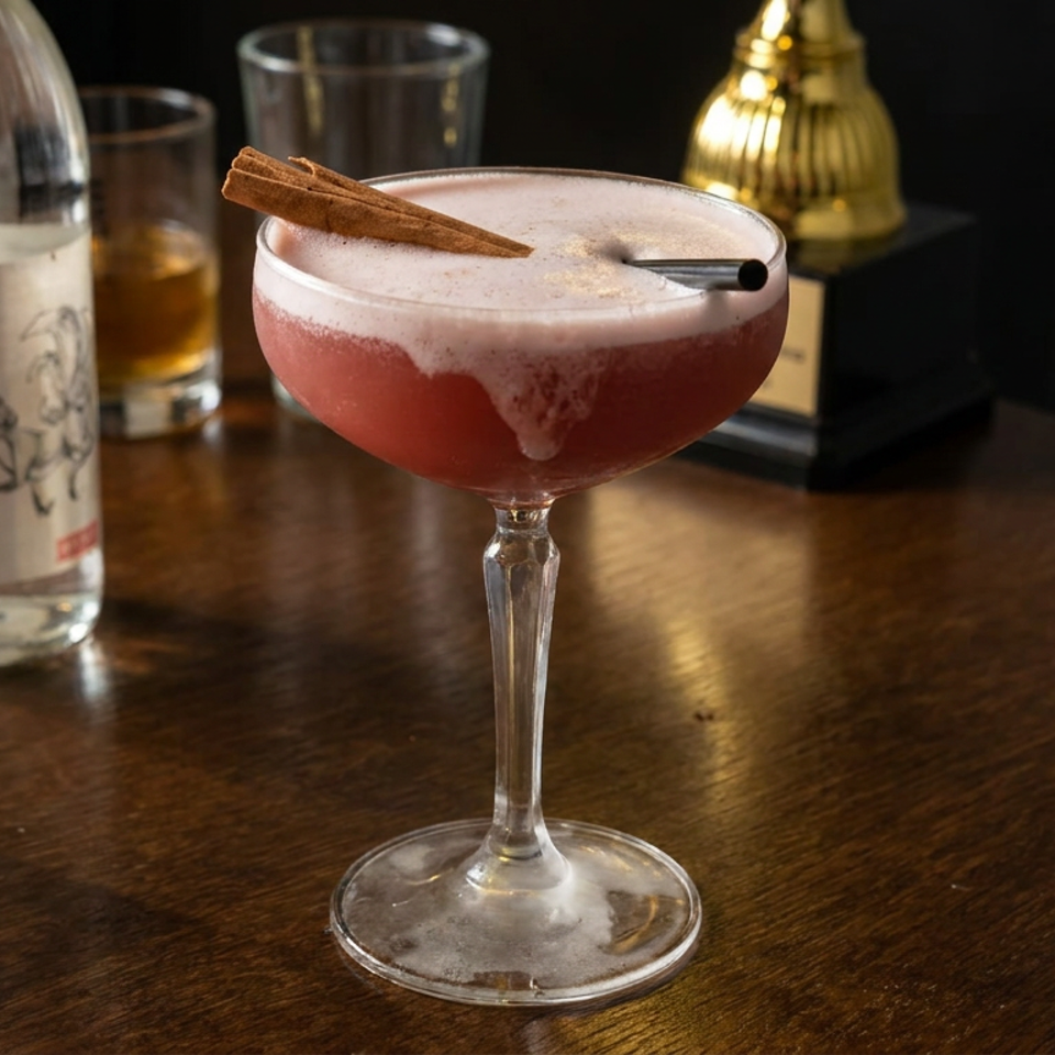 Red foamy cocktail in a coupe glass garnished with cinnamon sticks and a black straw on a wooden bar.
