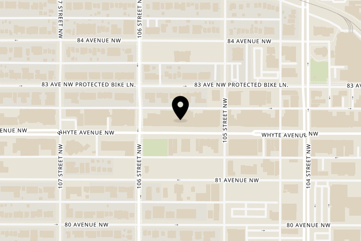Map showing the location of Hanjan Whyte Ave on 10536 82 Avenue Northwest in Edmonton
